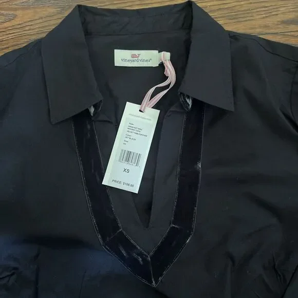 NWT Vineyard Vines Black Velvet Trim Popover Collared Shirt Top XS Cotton - Picture 2 of 9